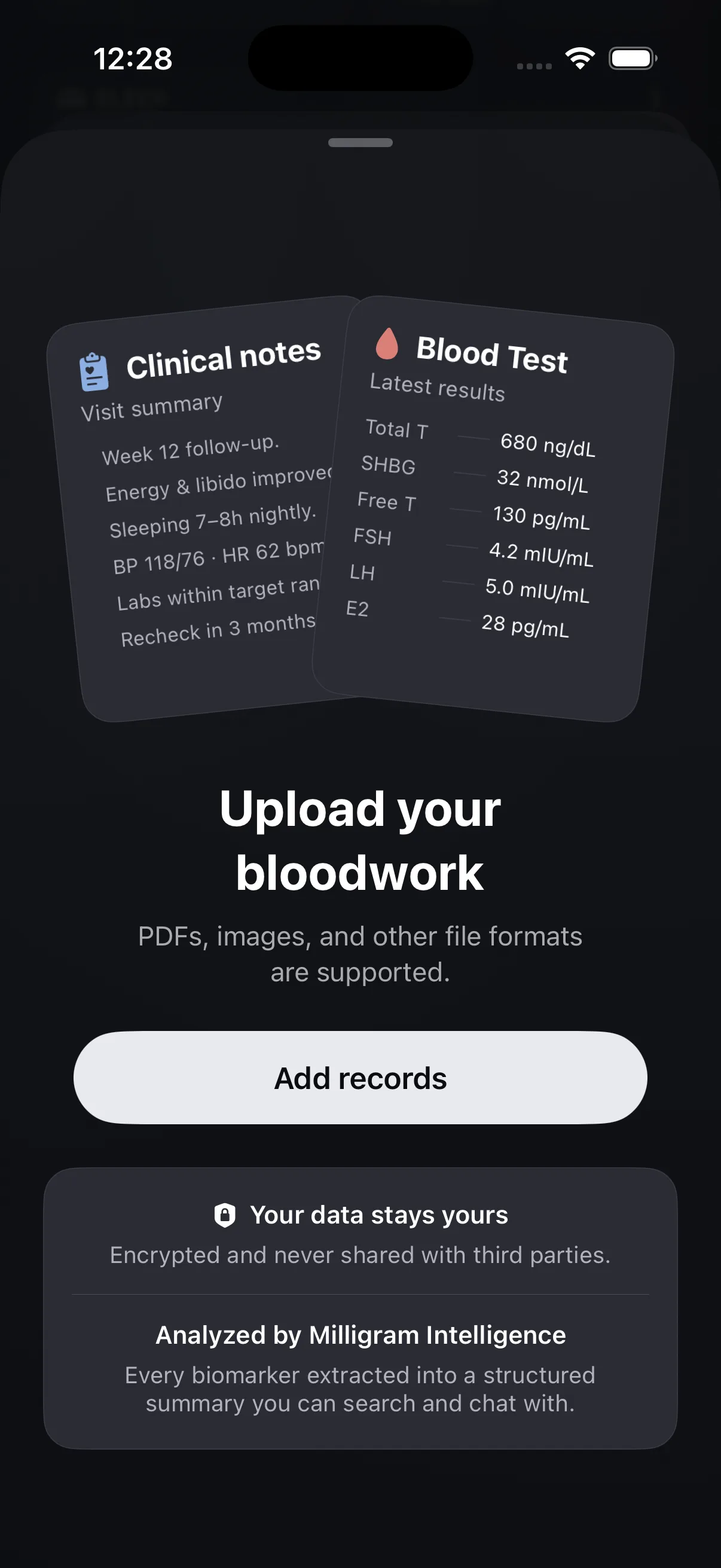 Uploading a blood test panel to Milligram